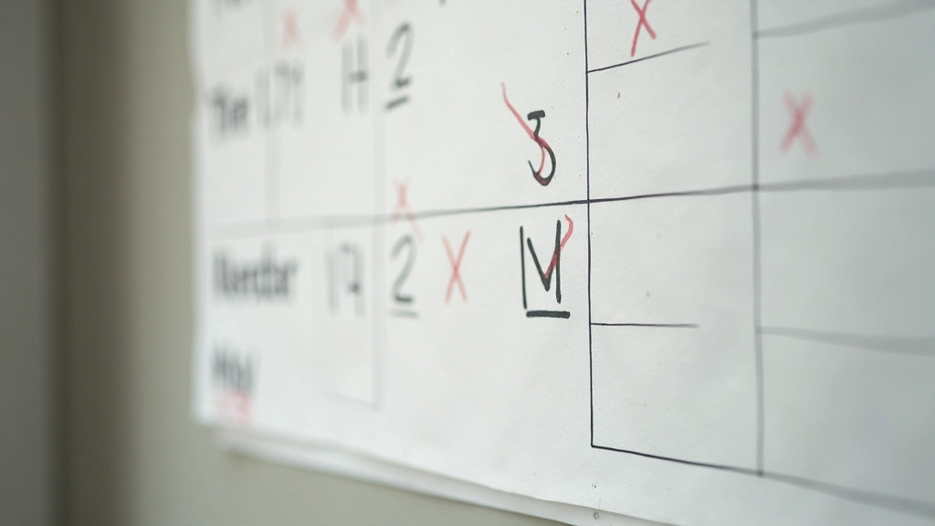 Kalender mit markierten Tagen zeigt Fortschritt und gelegentliche Lücken, symbolisiert Konsistenz trotz gelegentlicher Rückfälle bei Gewohnheitsveränderung