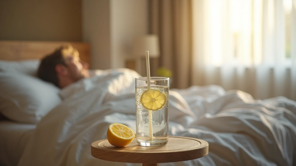 Großes Glas Wasser mit Zitrone neben Person beim Aufwachen für Hydration am Morgen