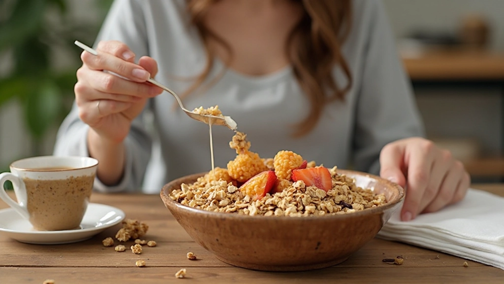 Gesundes Frühstück mit Müsli, Obst und Kaffee auf Holztisch am Morgen