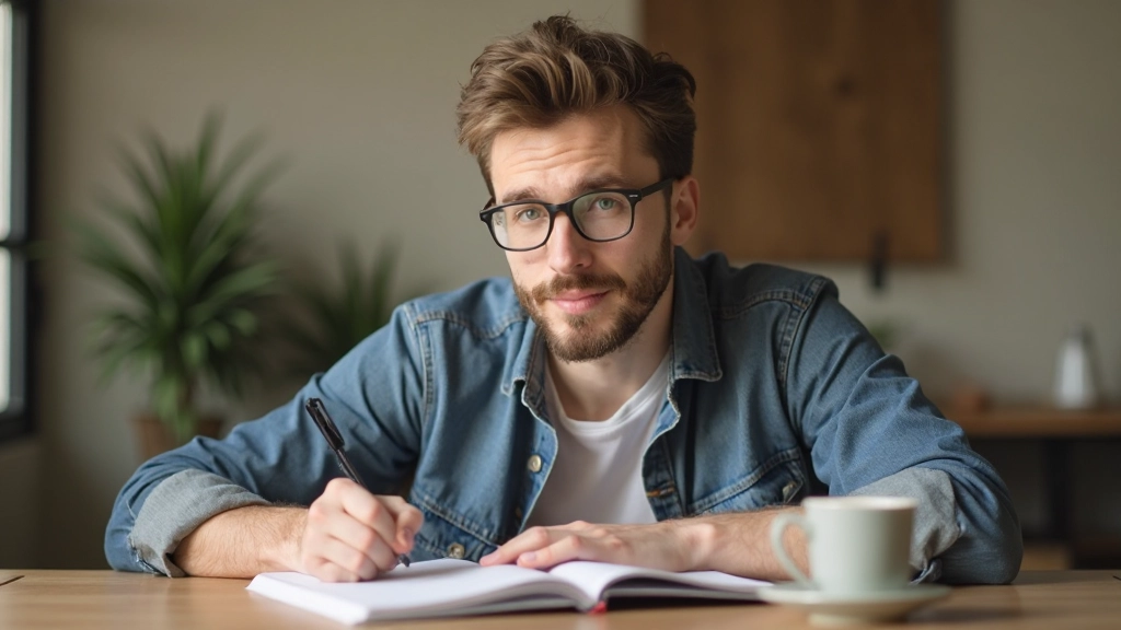 Person sitzt am Schreibtisch mit Notizbuch und Tasse Kaffee, morgens bei Tageslicht