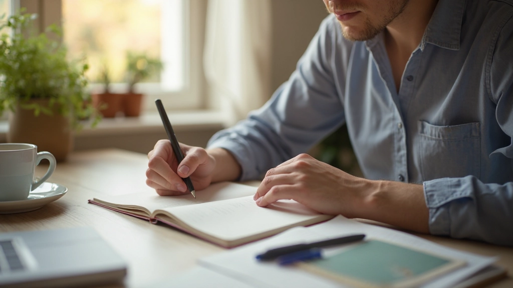 Person schreibt To-Do-Liste oder Tagebuch am Morgen mit Stift und Notizbuch