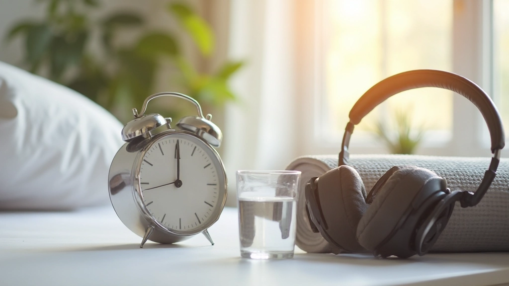 Morgendliche Routine: Fitness-Ausrüstung neben Wecker und Wasser auf Nachttisch