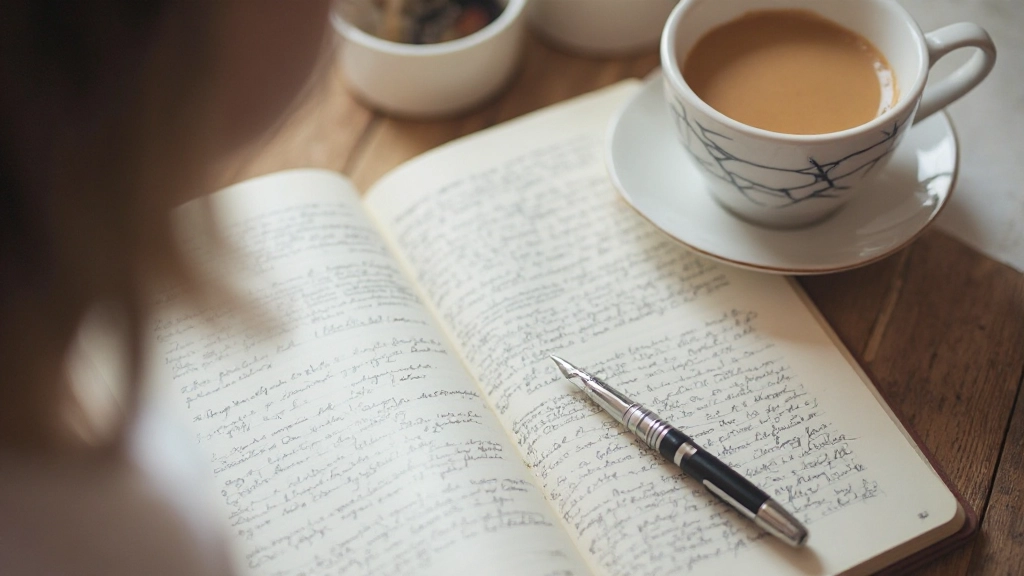 Handgeschriebenes Tagebuch mit Stift auf grauem Hintergrund mit Kaffeepause